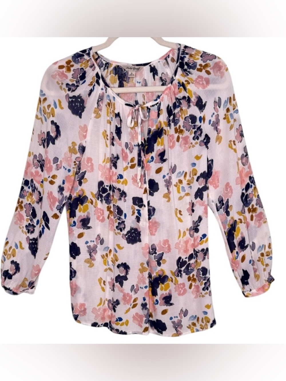 Lucky Brand Floral Peasant Boho Blouse Tie Neck Size Small
